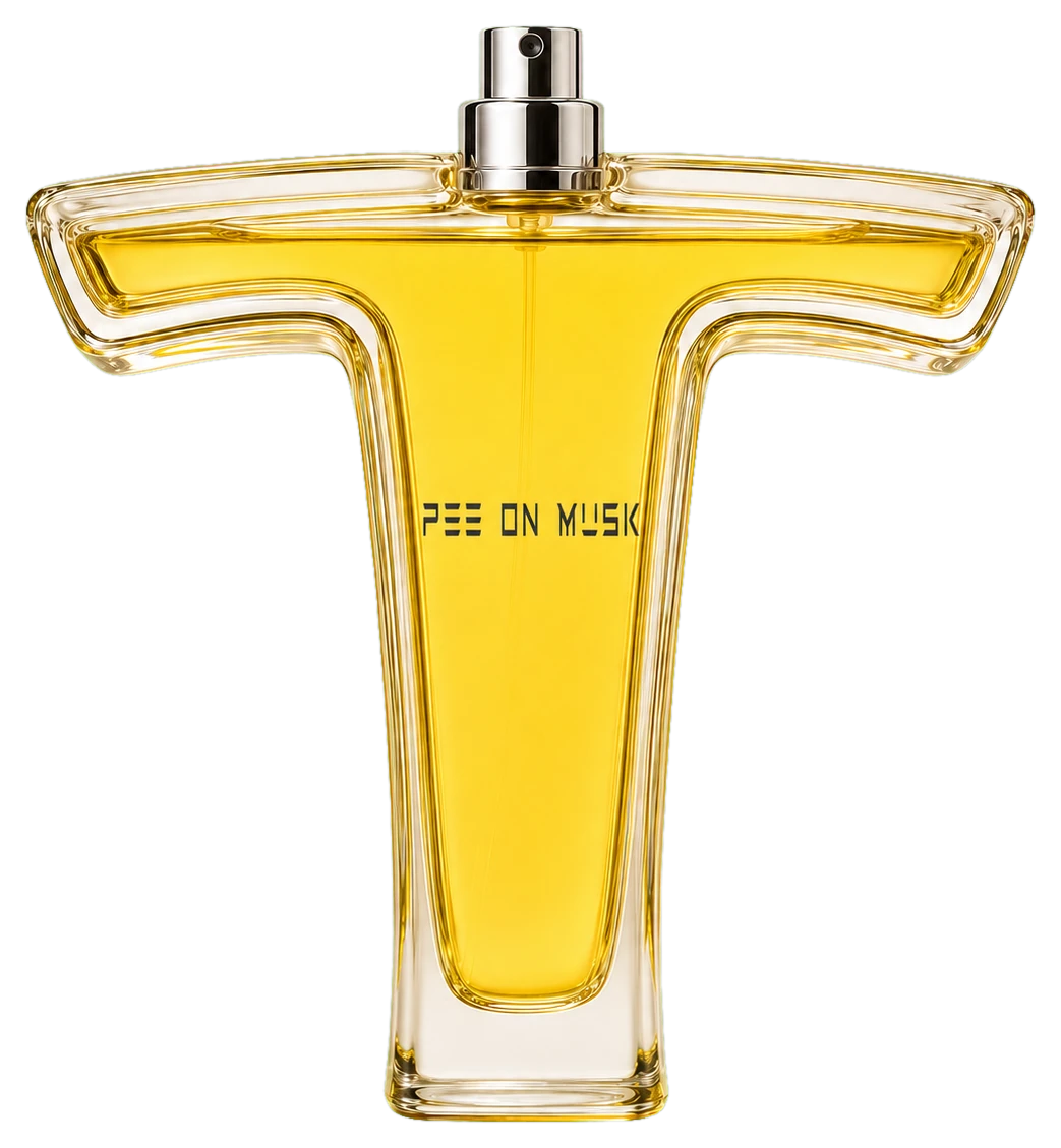 Pee on Musk: a T-shaped glass cologne bottle filled with yellow liquid, chrome atomizer, labeled PEE ON MUSK