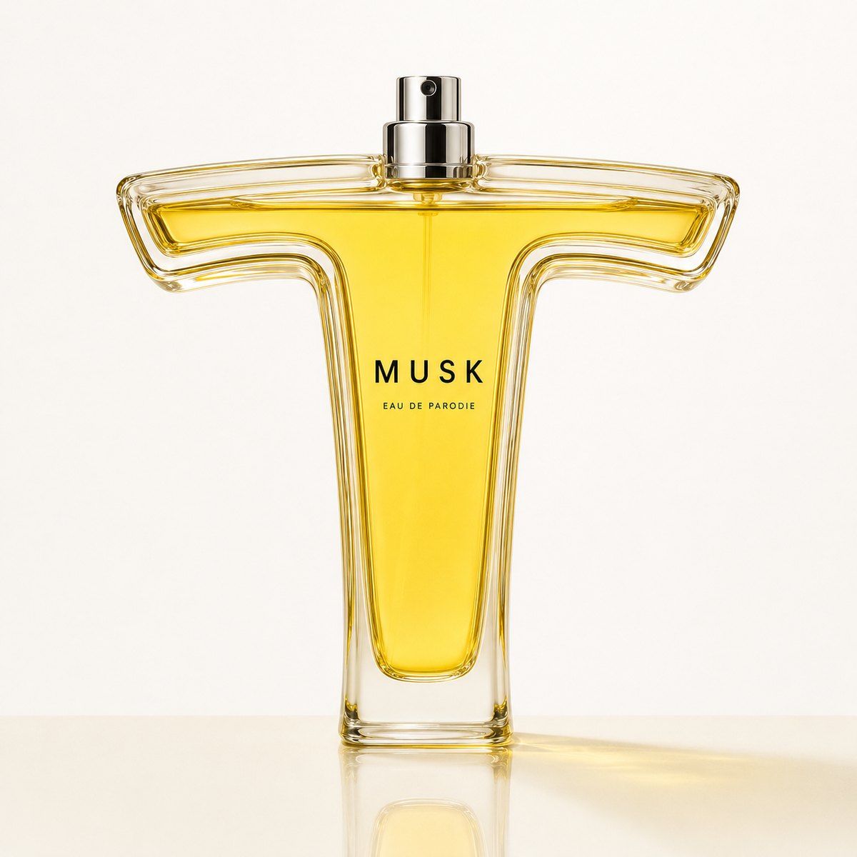Pee on Musk: a T-shaped glass cologne bottle filled with yellow liquid, chrome atomizer, labeled MUSK Eau de Parodie