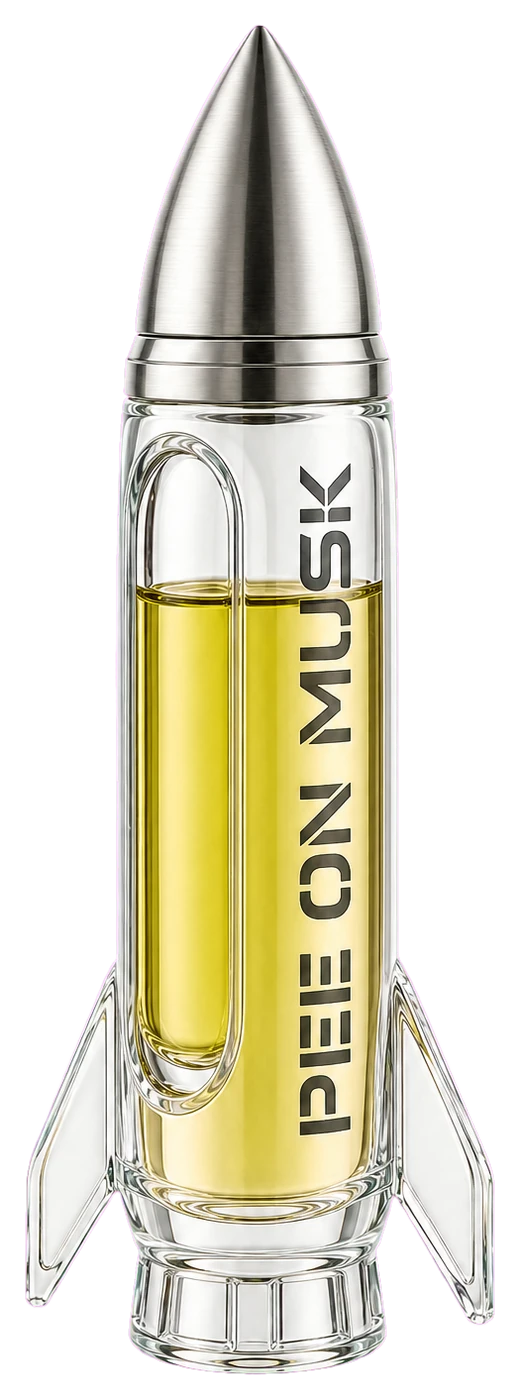Pee on Musk Micro Rocket: a rocket-shaped glass bottle with silver nose cone, fins, and yellow liquid inside